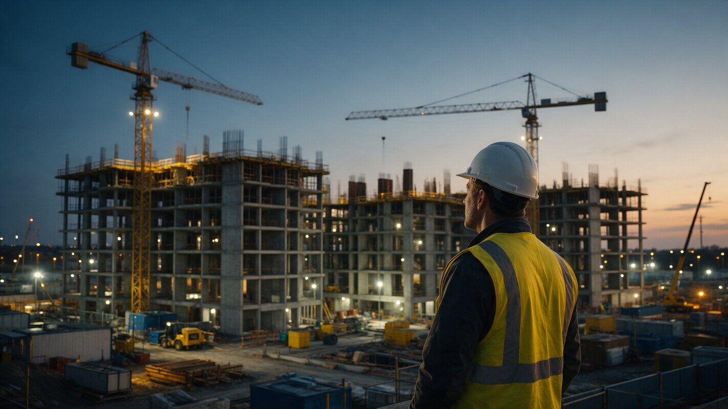 Alacakaranlıkta betonarme karkas ve kule vinç; önde baretli şantiye şefi