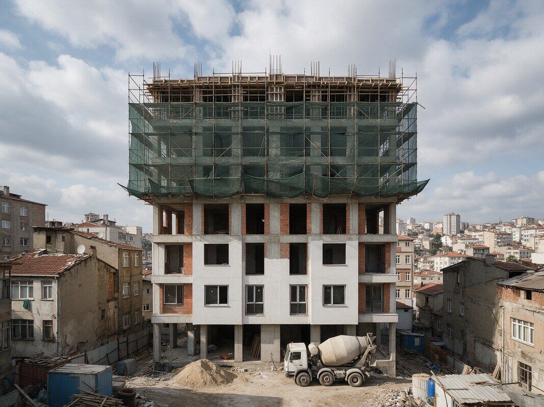 Yenimahalle dönüşüm şantiyesi: iskeleli apartman bloğu
